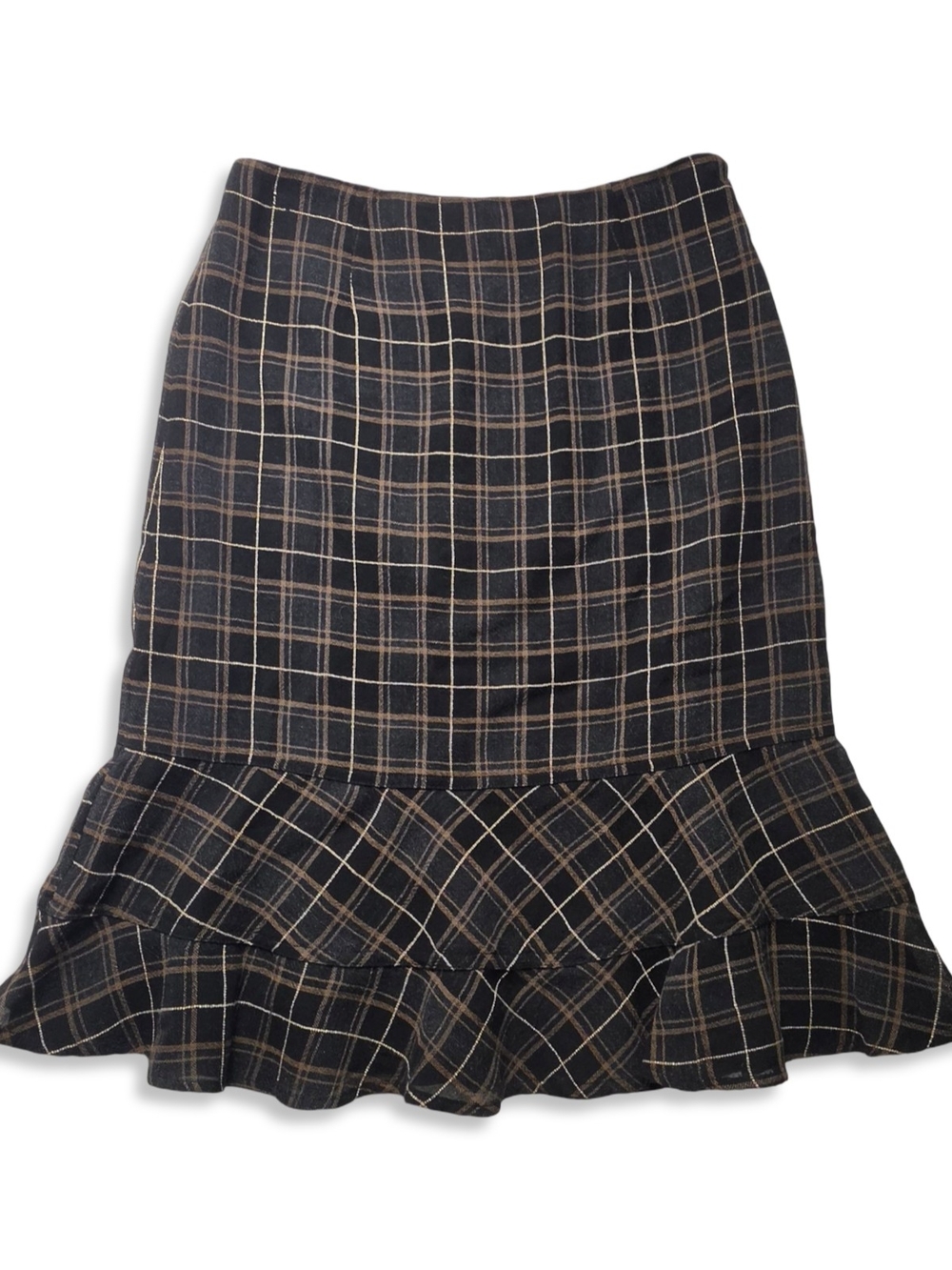 Harold's Black & Tan Plaid Ruffle-Hem Skirt